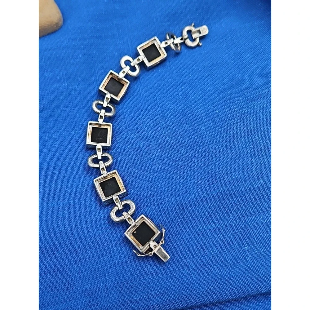 Sterling Black Amethyst Onyx Bracelet Prism Cut 14mm Statement Oval Link 6.5